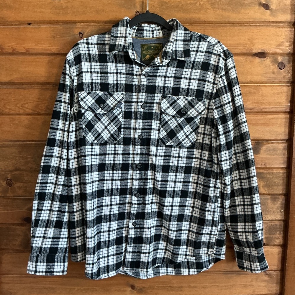 Men's Black and White Anchorage Plaid Casual Button Down Shirt